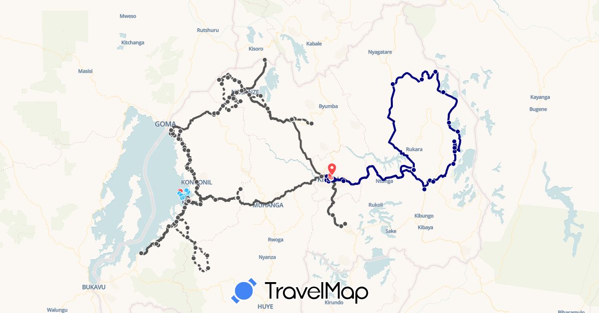 TravelMap itinerary: driving, hiking, boat, motorbike in Rwanda (Africa)