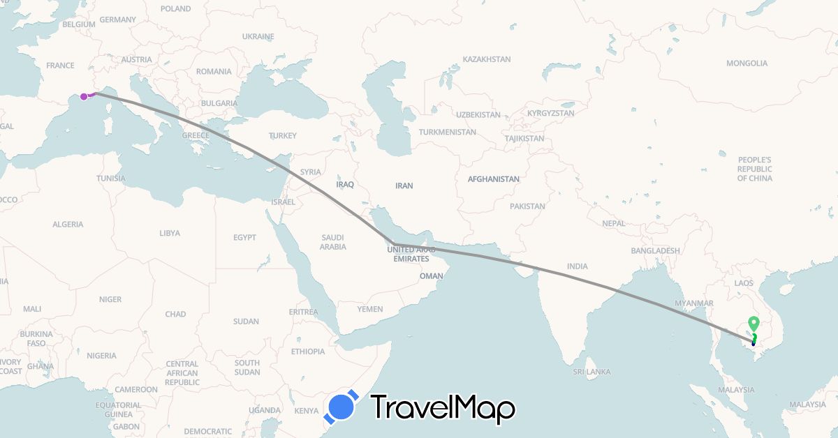 TravelMap itinerary: driving, bus, plane, train, hiking in France, Cambodia, Qatar (Asia, Europe)